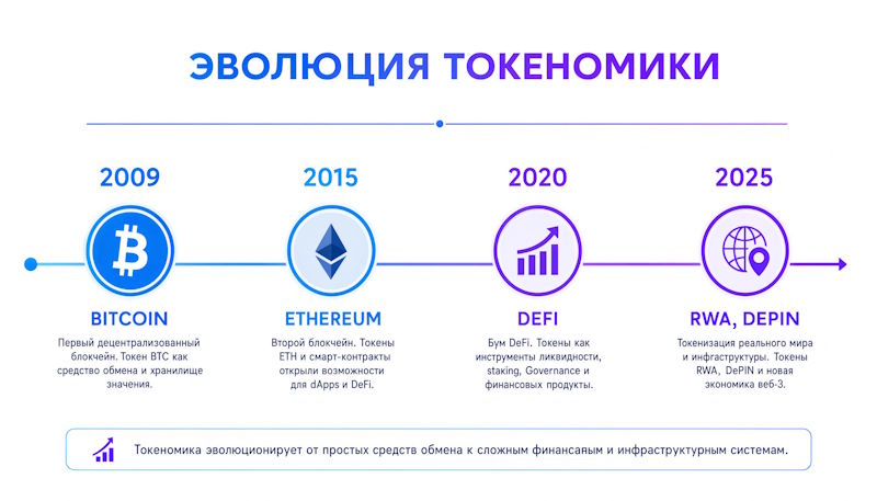 Таймлайн эволюции токеномики: 2009 (Bitcoin) → 2015 (Ethereum) → 2020 (DeFi) → 2025 (RWA, DePIN). Горизонтальная шкала времени с иконками каждого периода