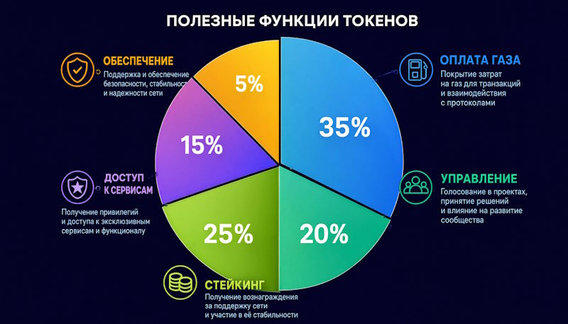 Круговая диаграмма полезных функций токенов: оплата газа (35%), управление (20%), стейкинг (25%), доступ к сервисам (15%), обеспечение (5%).