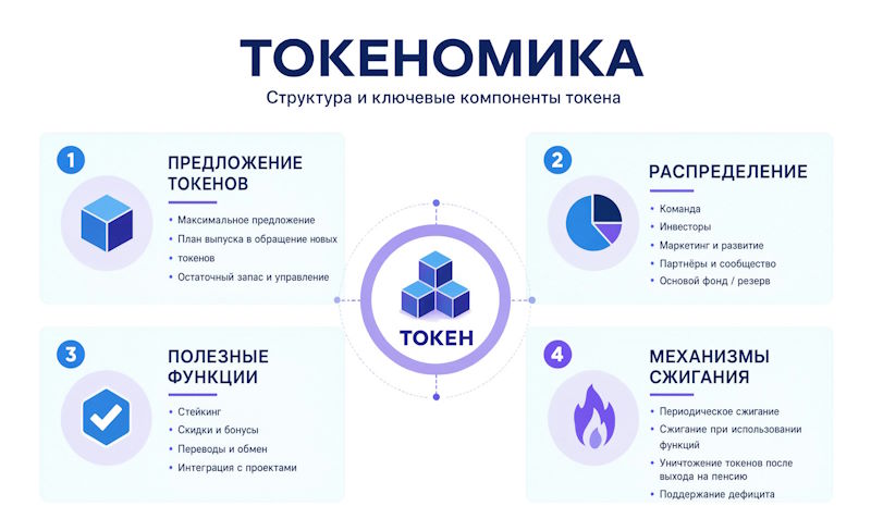 Инфографика, показывающая основные компоненты токеномики: предложение токенов, распределение, полезные функции, механизмы сжигания.